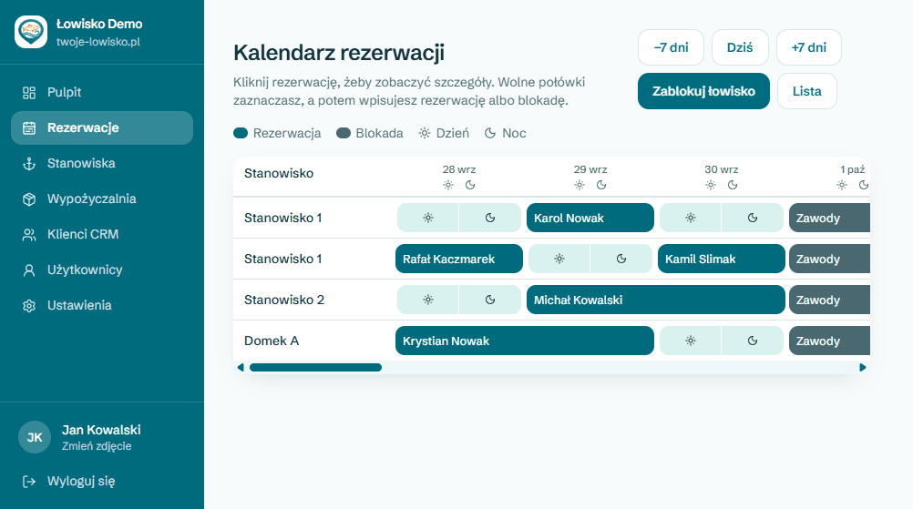 Kalendarz rezerwacji w panelu właściciela